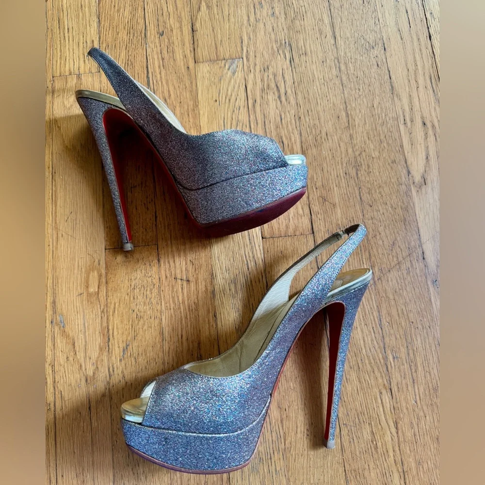 Christian Louboutin Lady Peep 150 Rainbow Glitter Peep Toe Sling Back Sz 40 - Picture 14 of 16